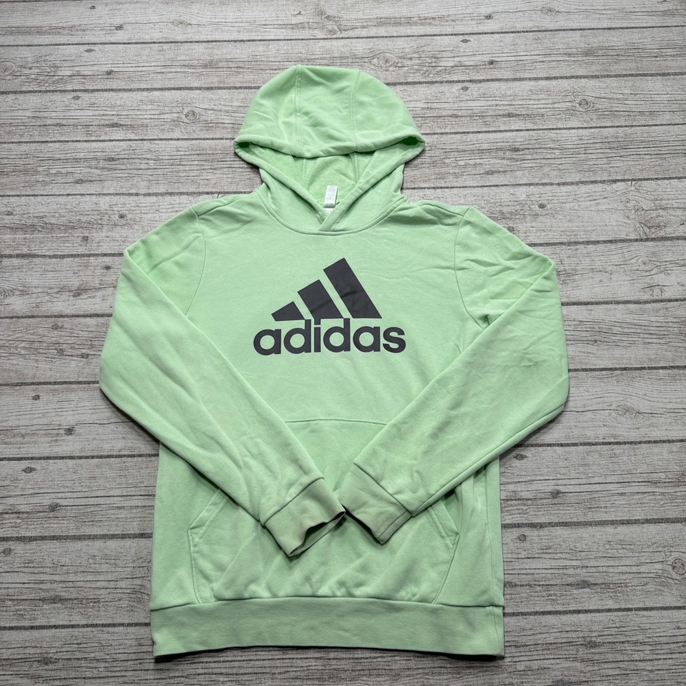 Adidas Hoodie Youth's Large Green Fleece Lined Pullover Athletic Fit Sportswear